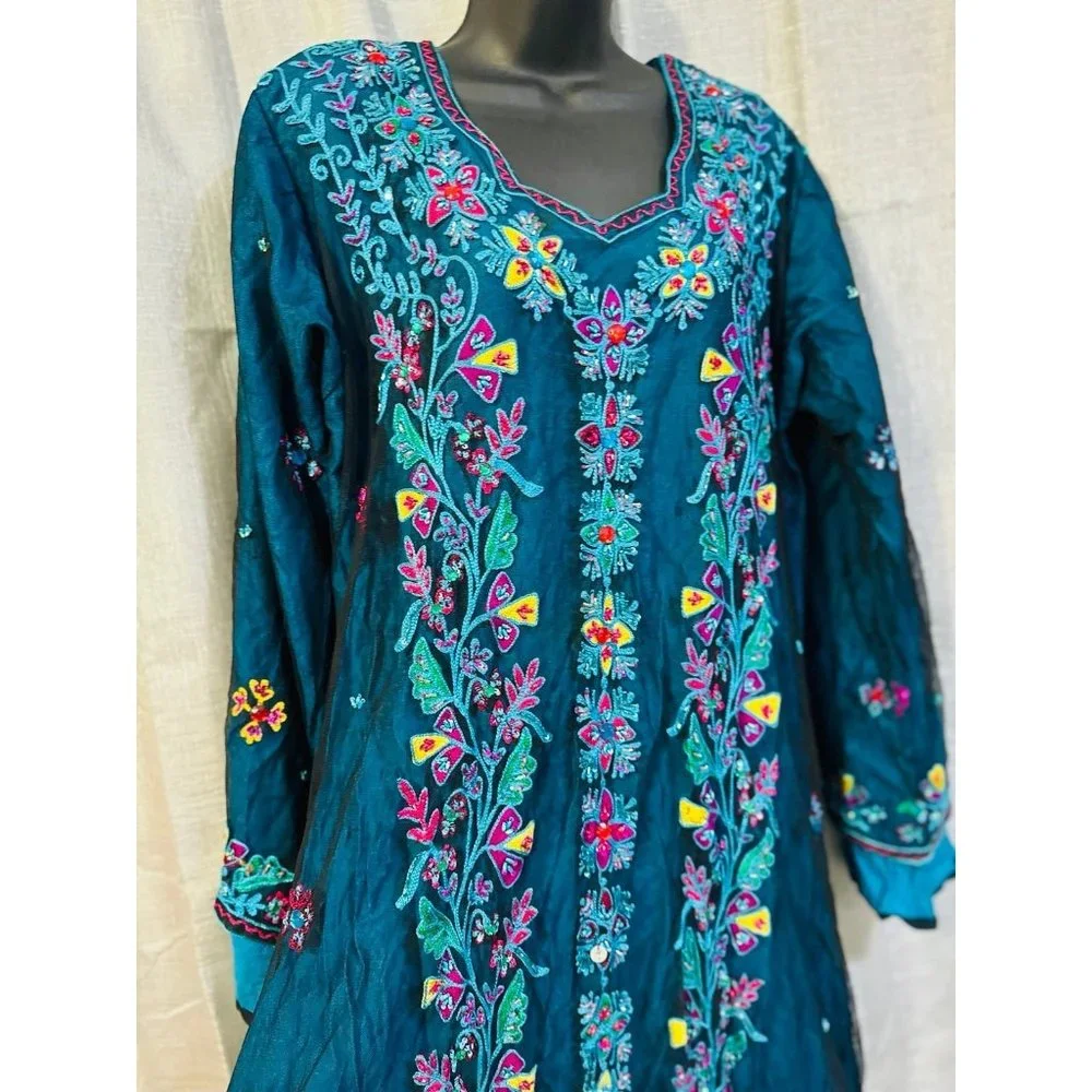 Dress gown maxi abaya turquoise green blue embroidered boho fashion - Picture 8 of 12